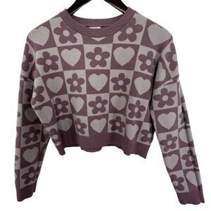 Debut Retro Purple Floral / Hearts Crop Sweater Size Medium Hippy Groovy Y2K